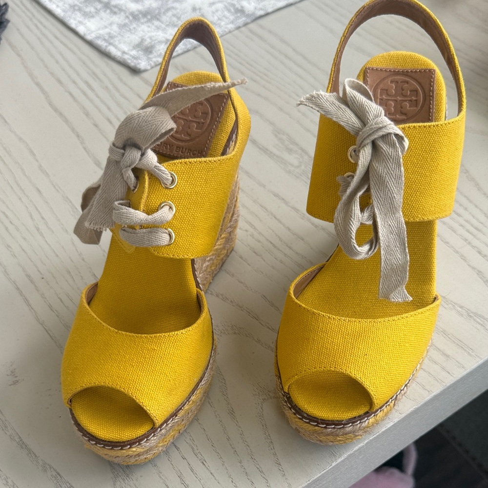 Tory Burch Mustard Yellow Wedge Sandals